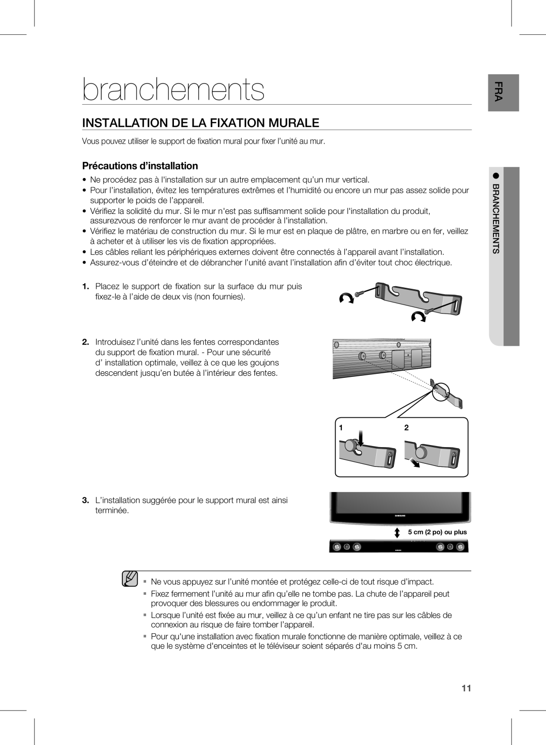 Samsung HW-D451, HW-D450 user manual Branchements, Installation DE LA Fixation Murale 