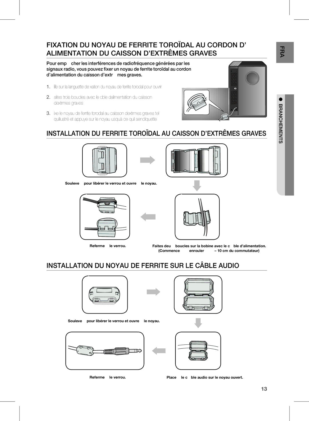 Samsung HW-D451, HW-D450 user manual InstALLAtion dU noYAU de FeRRite sUR Le cÂbLe AUdio, BRAnchements 