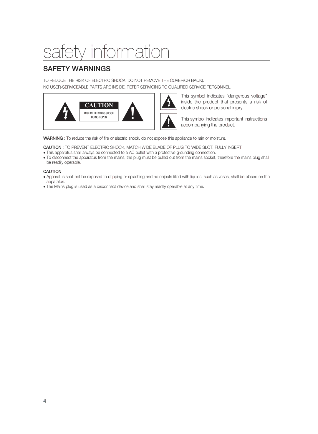 Samsung HW-D450, HW-D451 user manual Safety information, Safety Warnings 