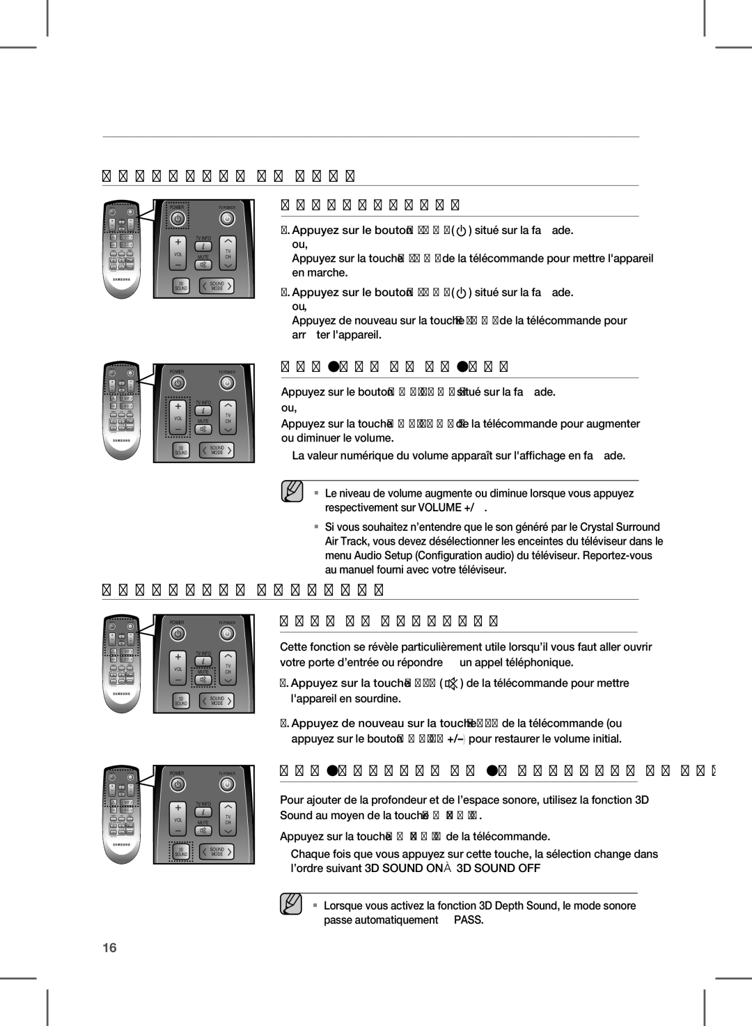 Samsung HW-D450 Fonctions, Marche/Arrêt, Réglage du volume, Mise en sourdine, Utilisation de la fonction 3D Depth Sound 