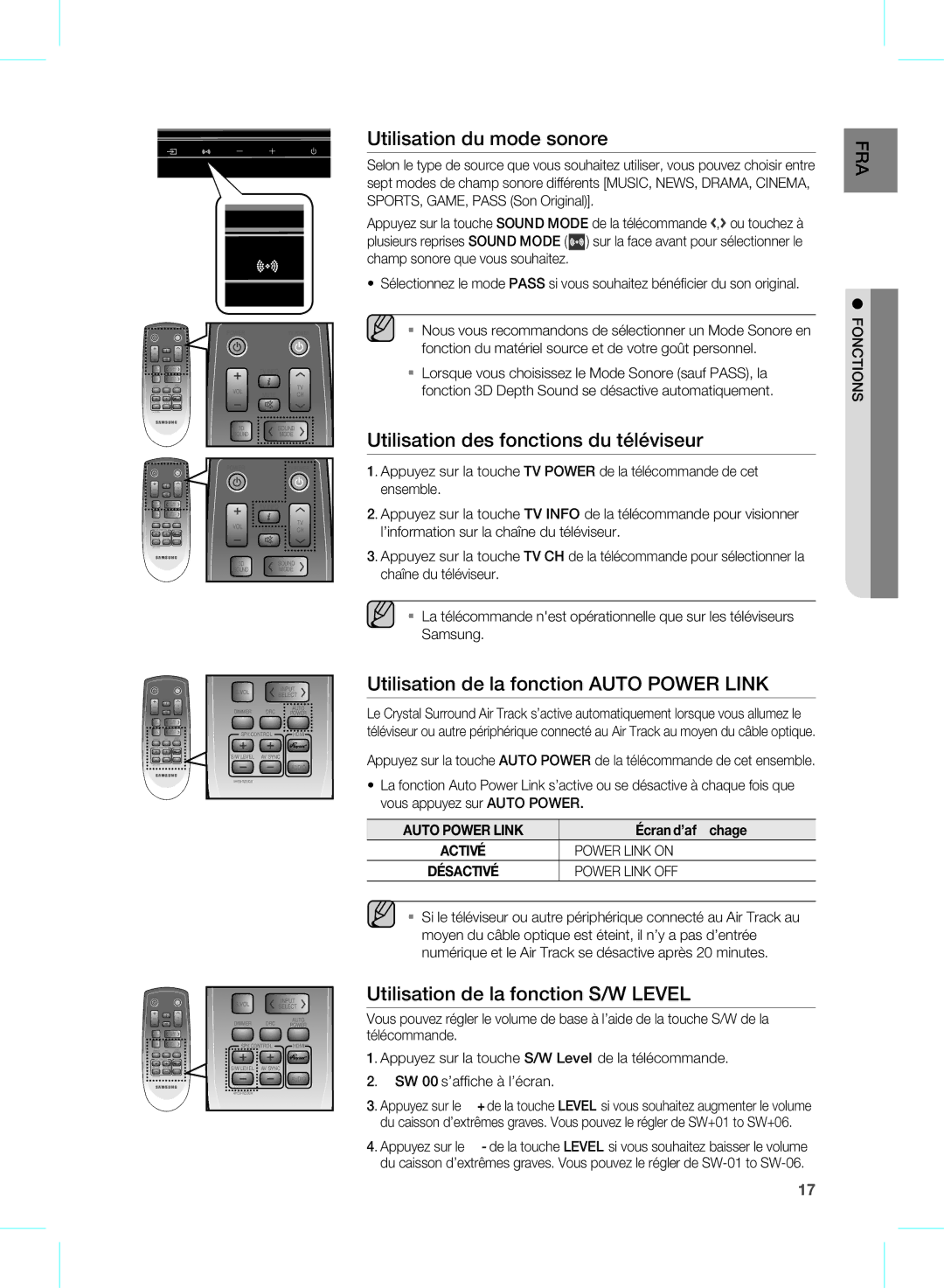 Samsung HW-D451 Utilisation du mode sonore, Utilisation des fonctions du téléviseur, Utilisation de la fonction S/W Level 