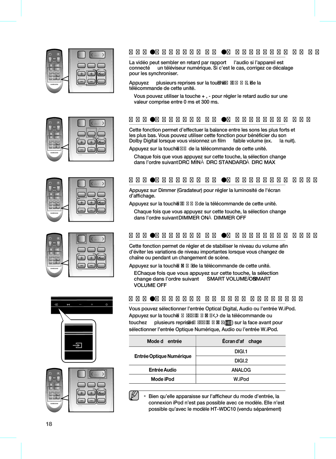 Samsung HW-D450 Utilisation de la fonction AV Sync, Utilisation de la fonction DRC, Utilisation de la fonction Dimmer 