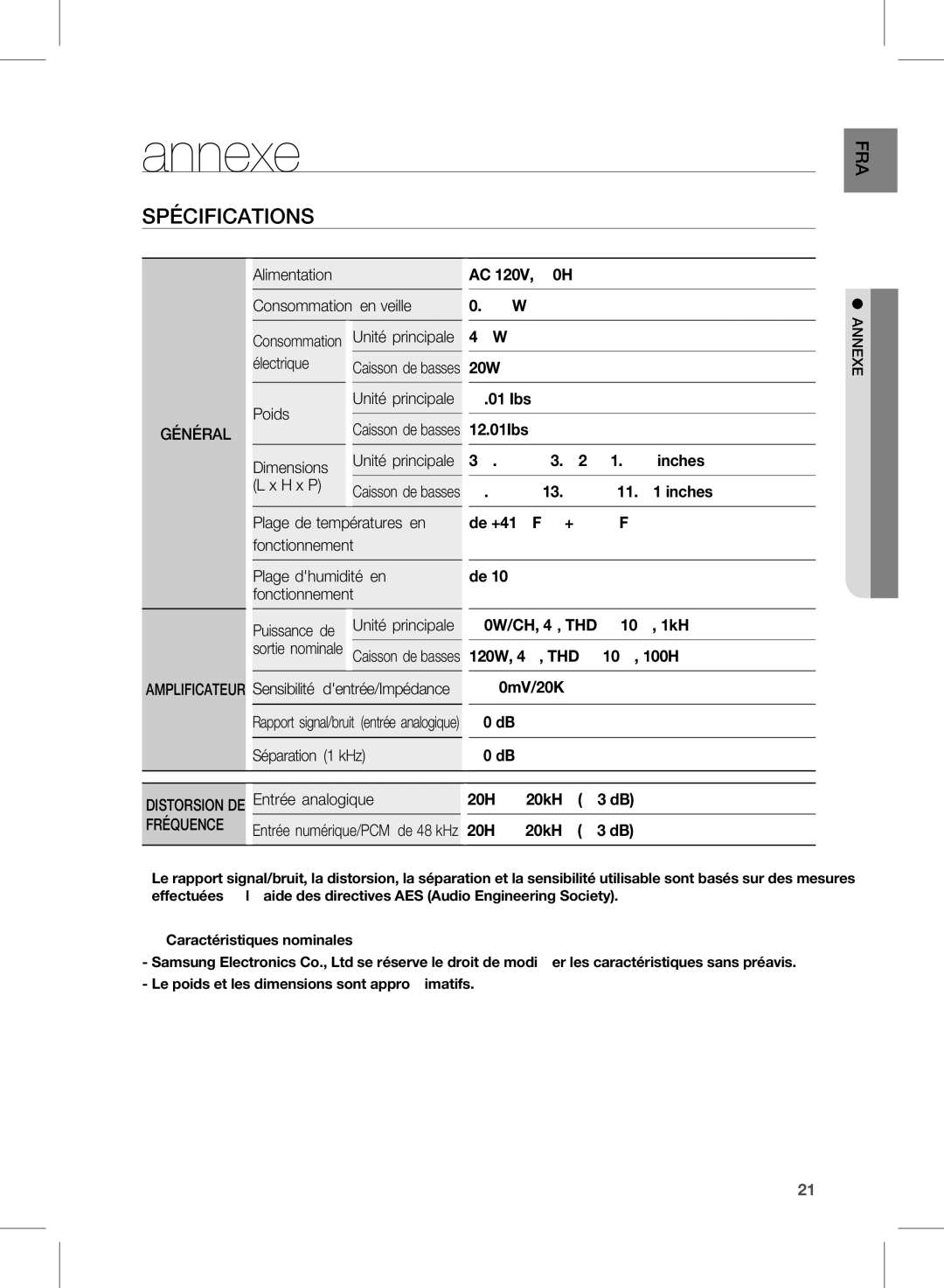 Samsung HW-D451, HW-D450 user manual Annexe, Spécifications 