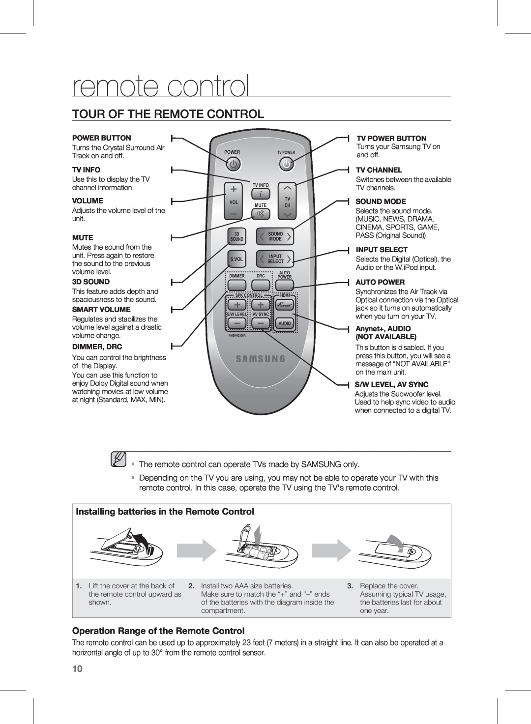 Samsung HW-D450, HW-D451 user manual remote control, Tour of the Remote Control, Installing batteries in the Remote Control 