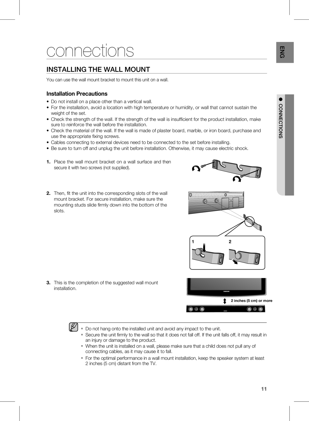 Samsung HW-D451, HW-D450 user manual connections, INSTAllING THE WAll MOUNT, Installation Precautions 