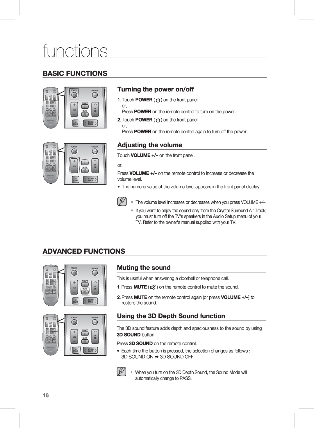 Samsung HW-D450 basic functions, advanced functions, Turning the power on/off, Adjusting the volume, Muting the sound 