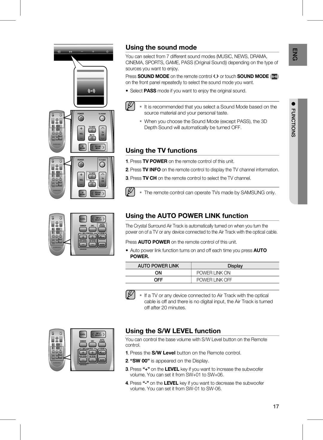 Samsung HW-D451, HW-D450 user manual Using the sound mode, Using the TV functions, Using the AUTO POWER LINK function, Power 