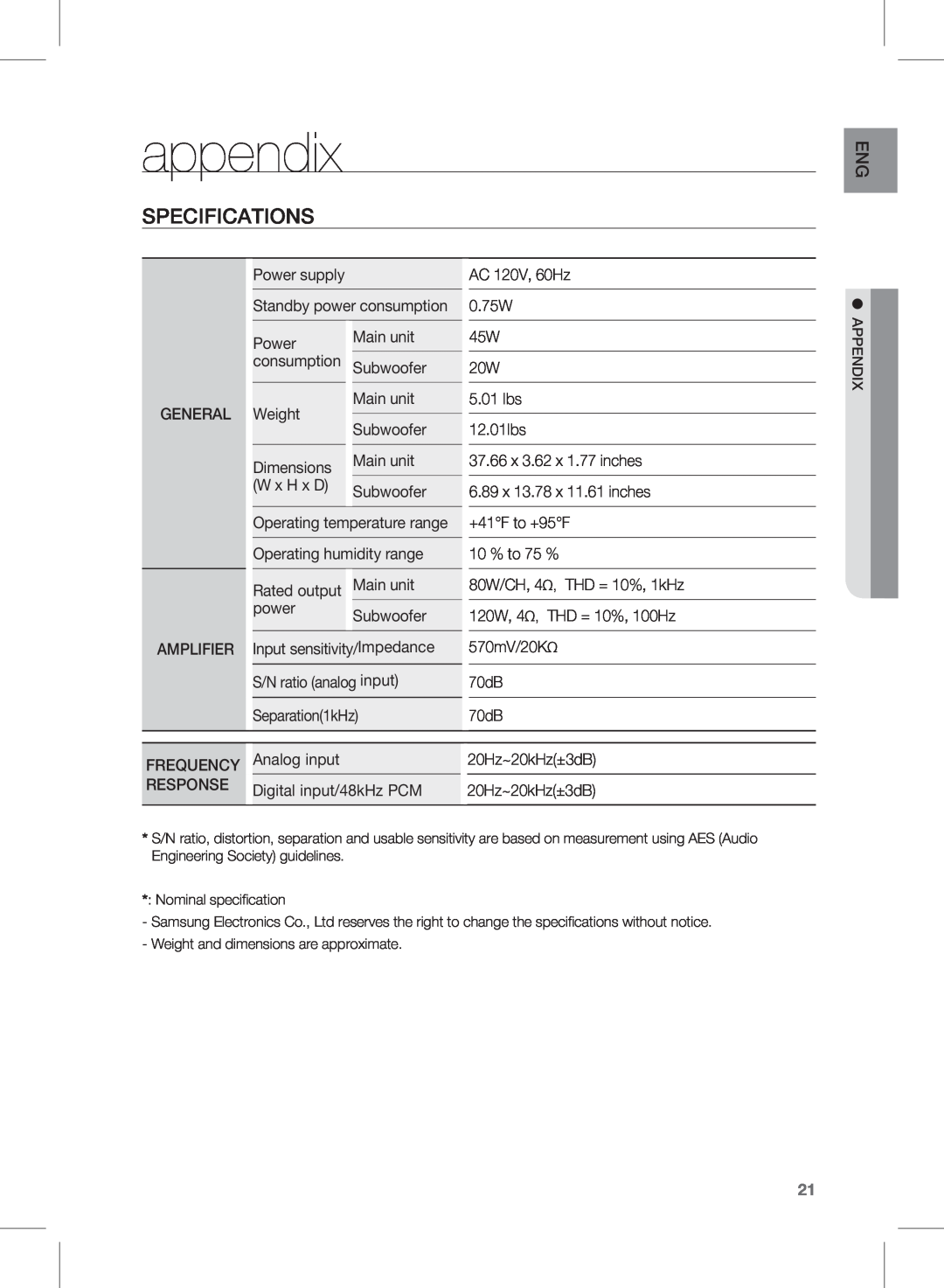 Samsung HW-D451, HW-D450 user manual appendix, Specifications 