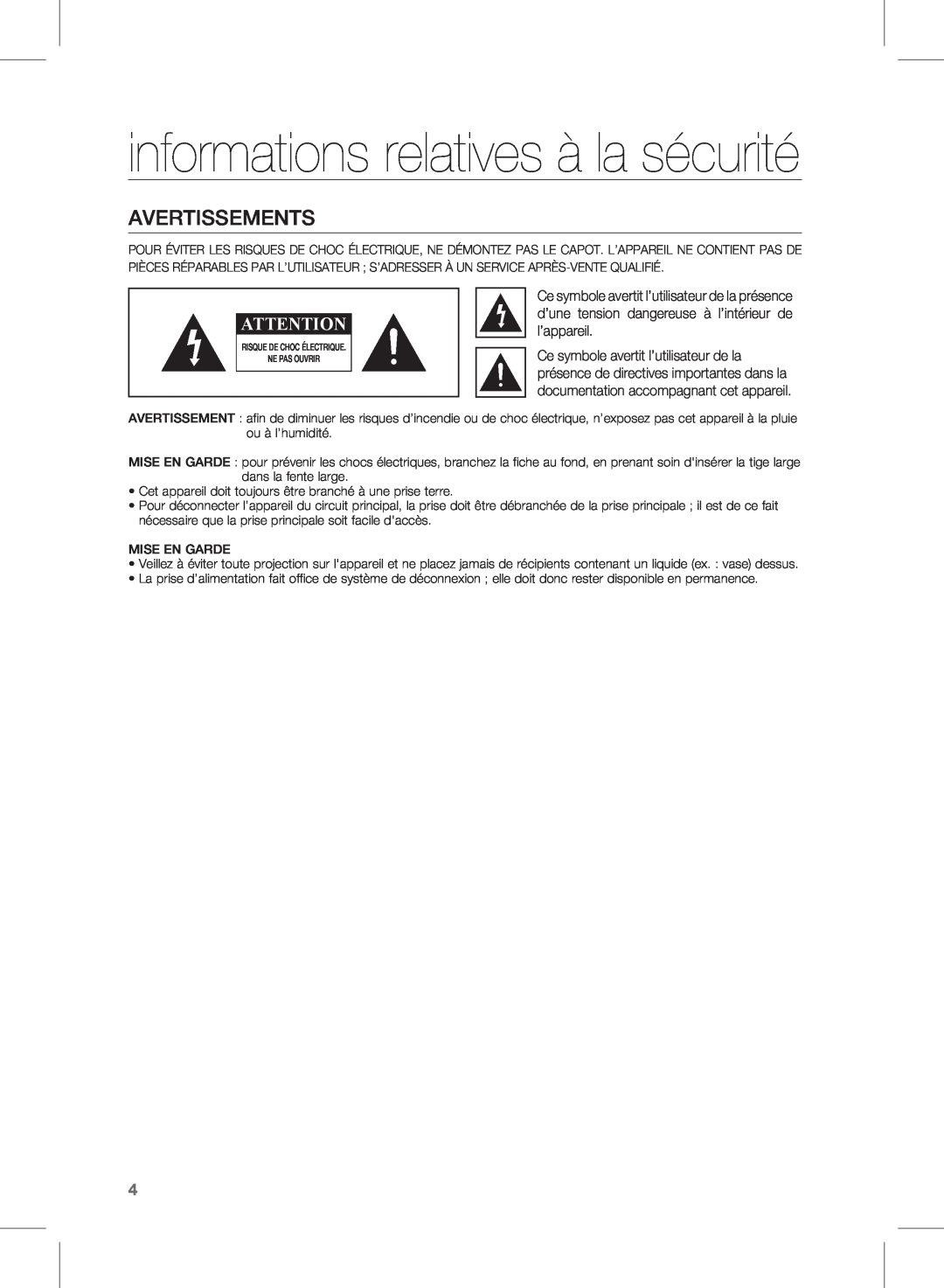 Samsung HW-D450, HW-D451 user manual informations relatives à la sécurité, Avertissements 