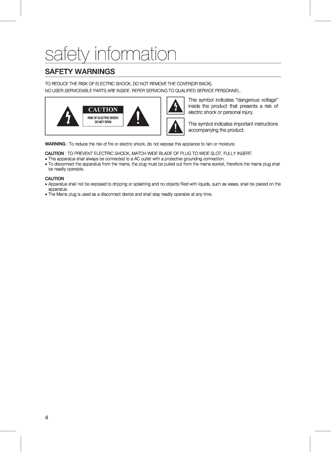 Samsung HW-D450, HW-D451 user manual safety information, Safety Warnings 