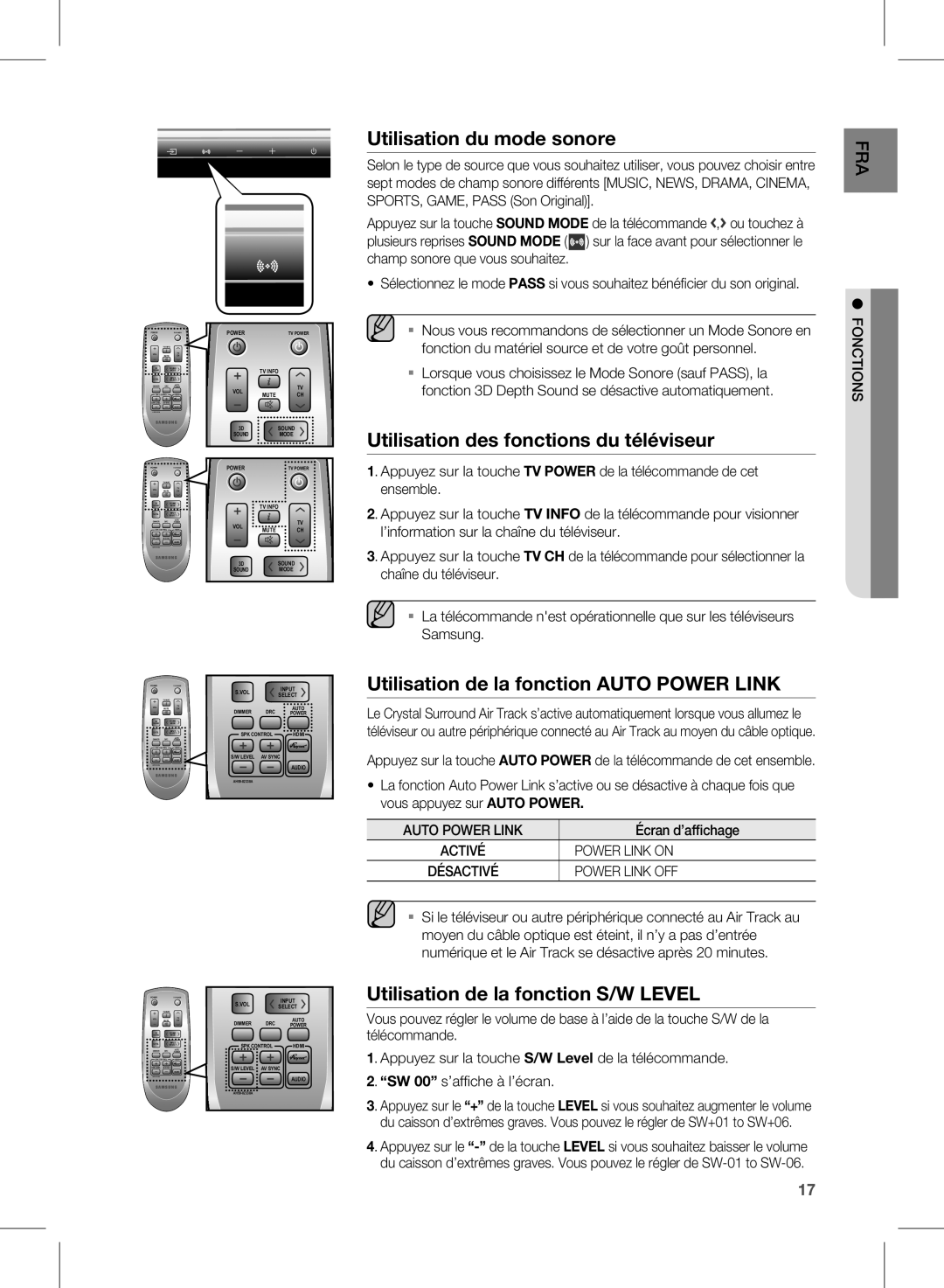 Samsung HW-D451 Utilisation du mode sonore, Utilisation des fonctions du téléviseur, Utilisation de la fonction S/W LEVEL 