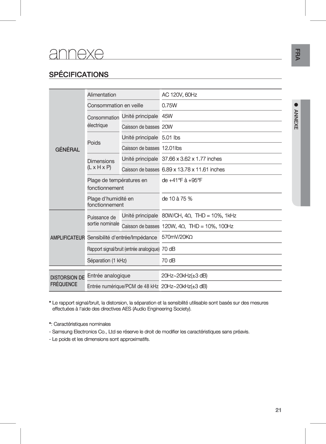 Samsung HW-D451, HW-D450 user manual annexe, Spécifications 