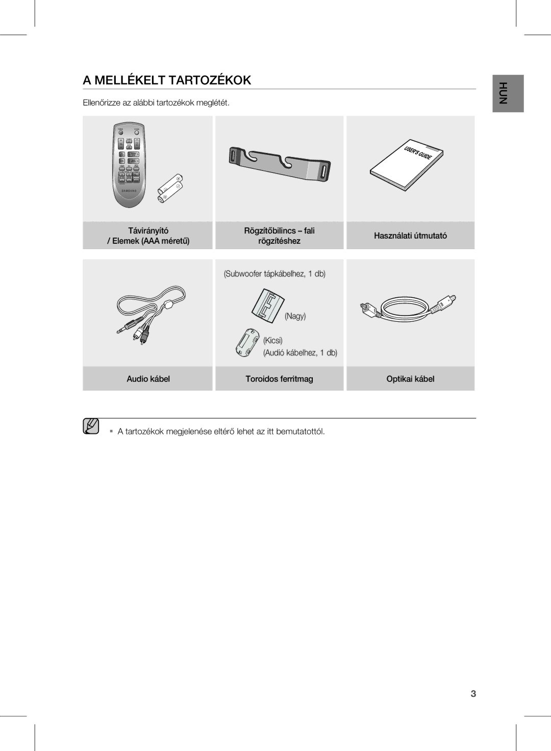 Samsung HW-D450/EN, HW-D450/ZF, HW-D450/XE manual Mellékelt Tartozékok, Ellenőrizze az alábbi tartozékok meglétét 