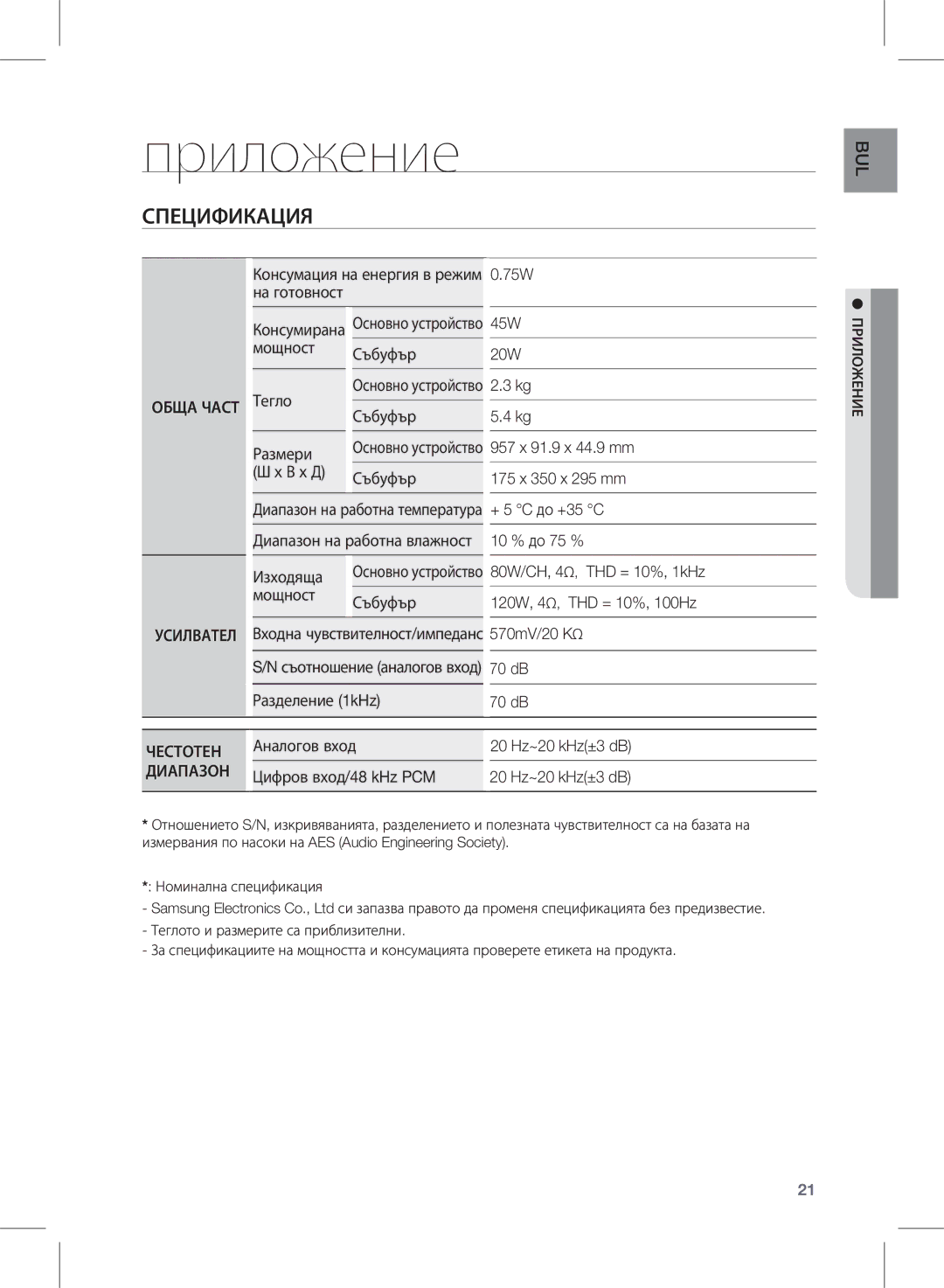 Samsung HW-D450/EN manual Приложение, Спецификация, Обща Част 