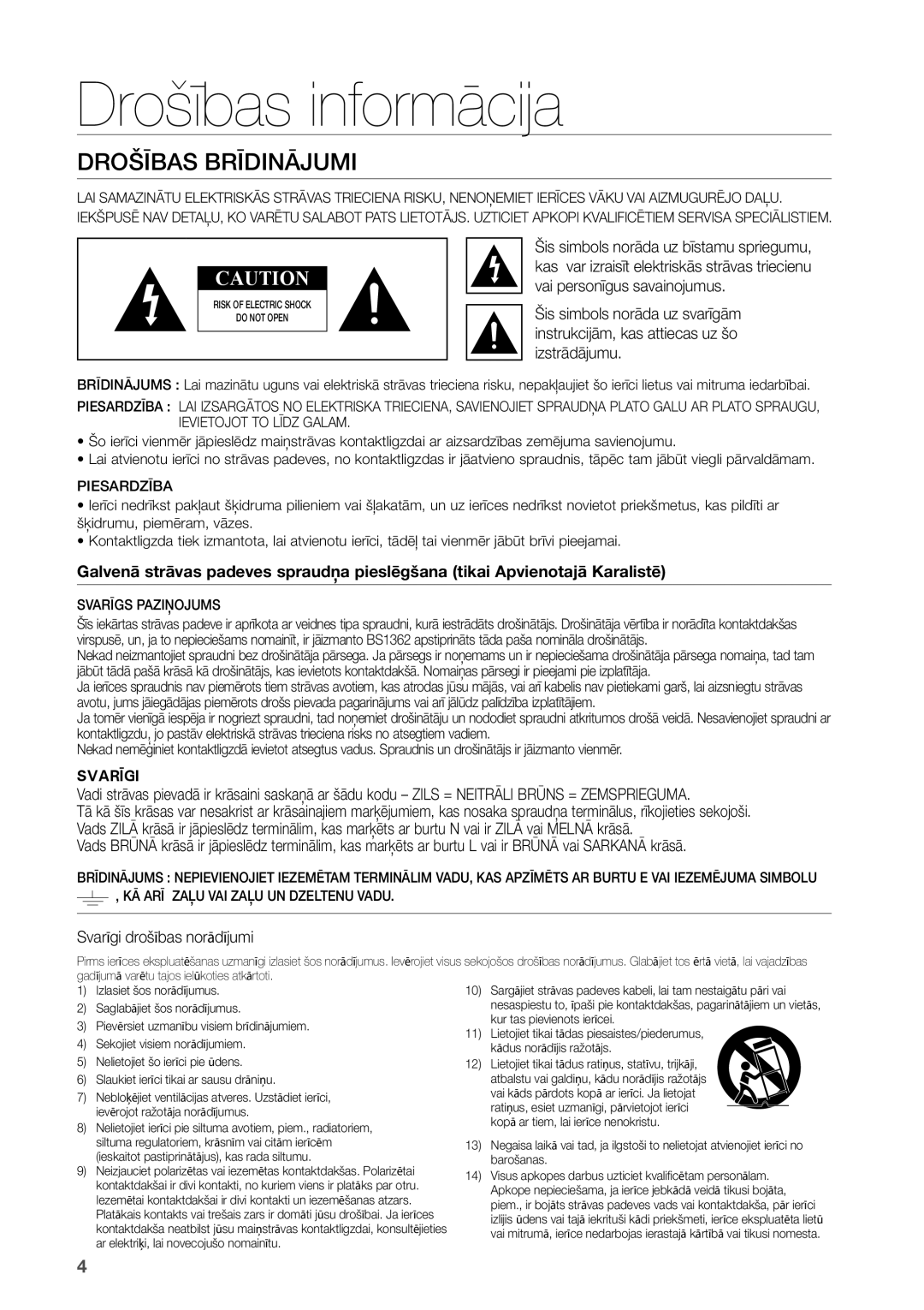 Samsung HW-D450/EN manual Drošības informācija, Drošības Brīdinājumi, Svarīgi drošības norādījumi 