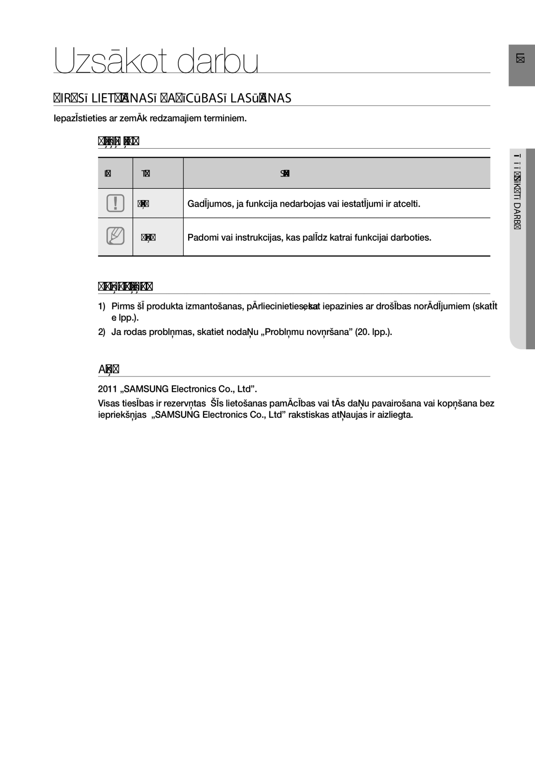 Samsung HW-D450/EN manual Uzsākot darbu, Pirms Lietošanas Pamācības Lasīšanas, Uzsākot Darbu 