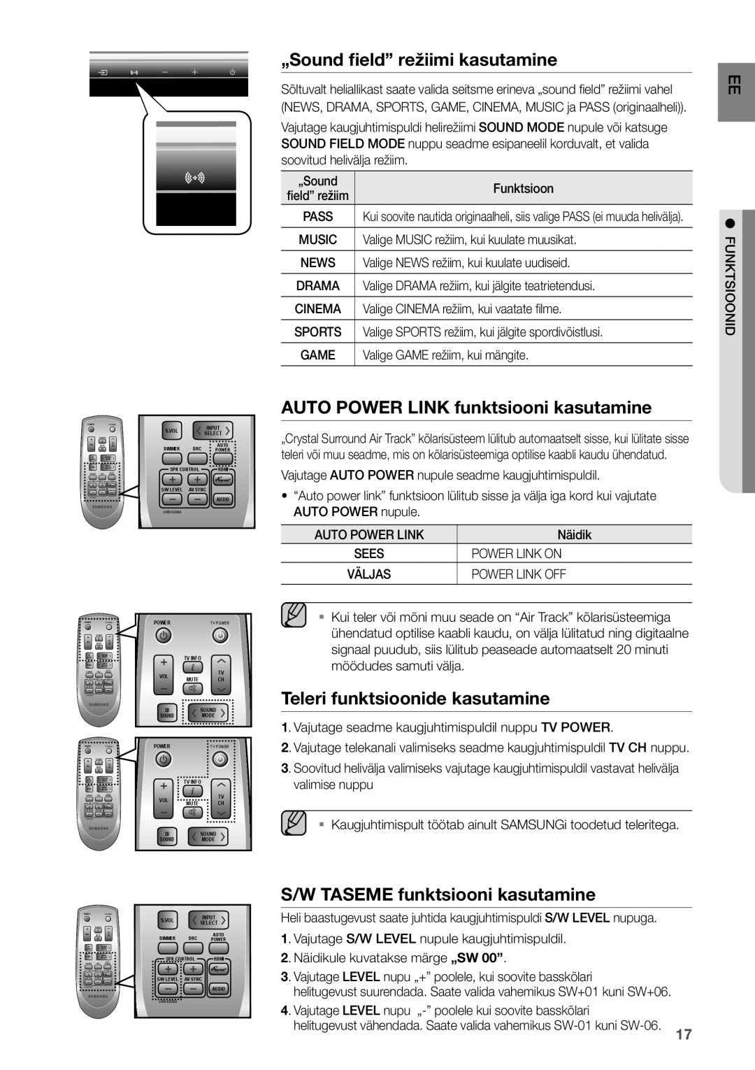 Samsung HW-D450/EN manual Auto Power Link, Power Link on, Power Link OFF, Funktsioonid 