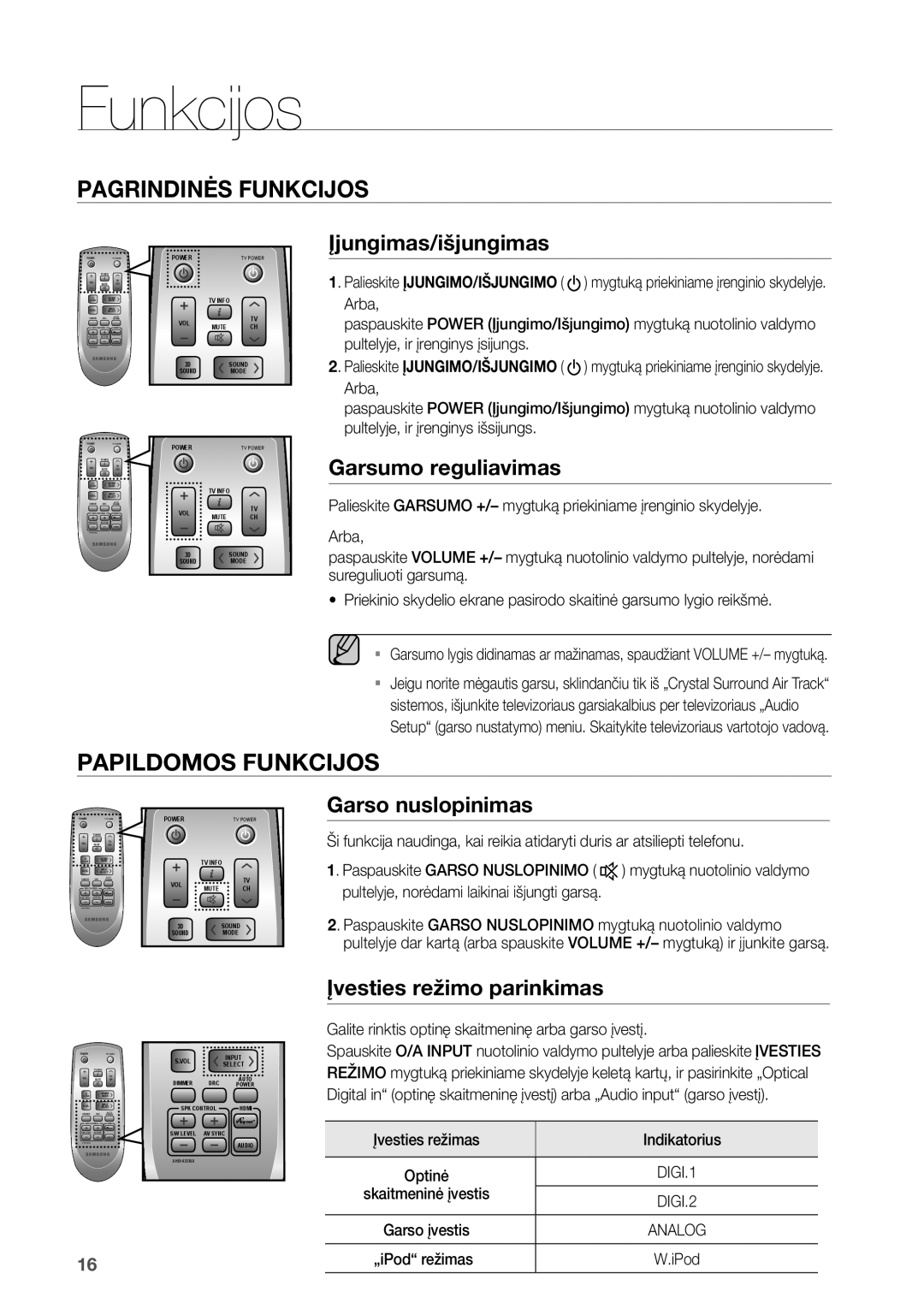 Samsung HW-D450/EN manual Funkcijos, Galite rinktis optinę skaitmeninę arba garso įvestį, Indikatorius, Skaitmeninė įvestis 