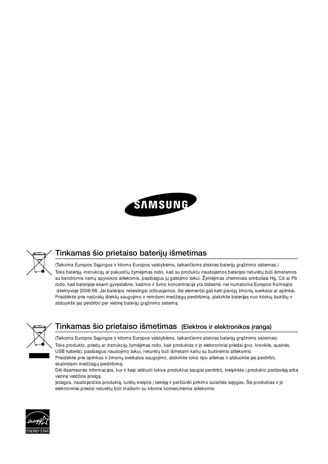 Samsung HW-D450/EN manual Tinkamas šio prietaiso baterijų išmetimas 