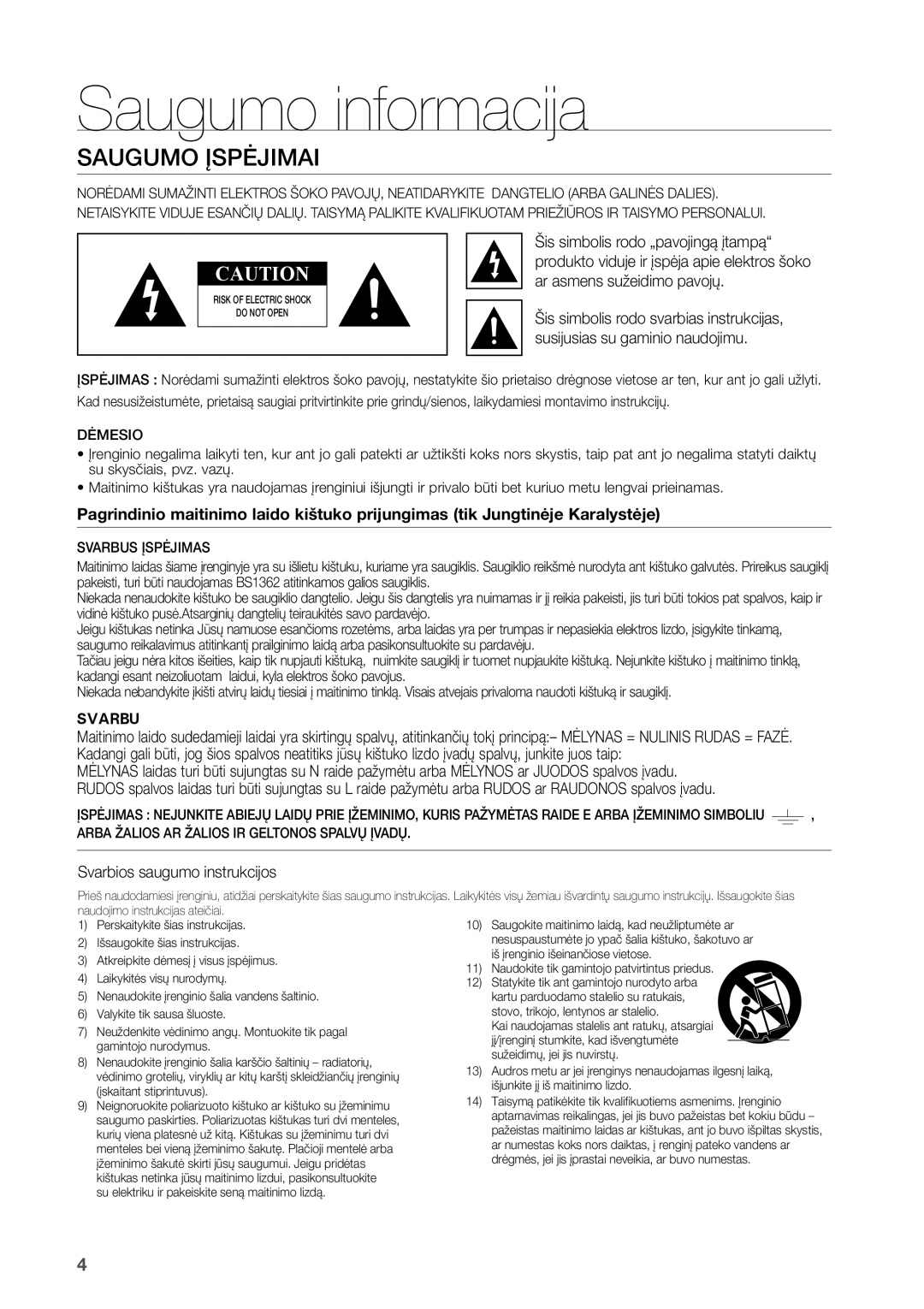 Samsung HW-D450/EN manual Saugumo informacija, Saugumo Įspėjimai, Svarbios saugumo instrukcijos 