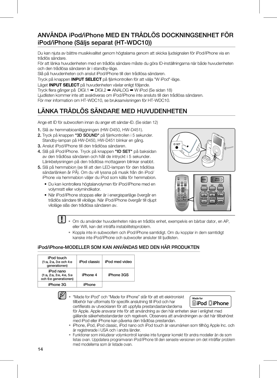 Samsung HW-D450/XE manual LÄnKa TråDLÖS SÄnDarE MED HUVUDEnHETEn, Anslut iPod/iPhone till den trådlösa sändaren 