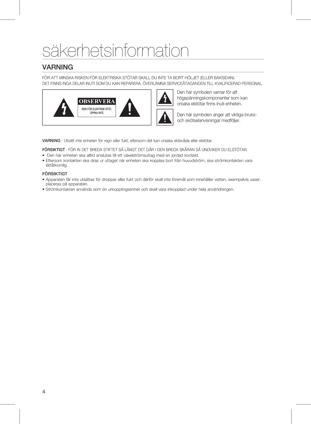 Samsung HW-D450/XE manual Säkerhetsinformation, Varning 