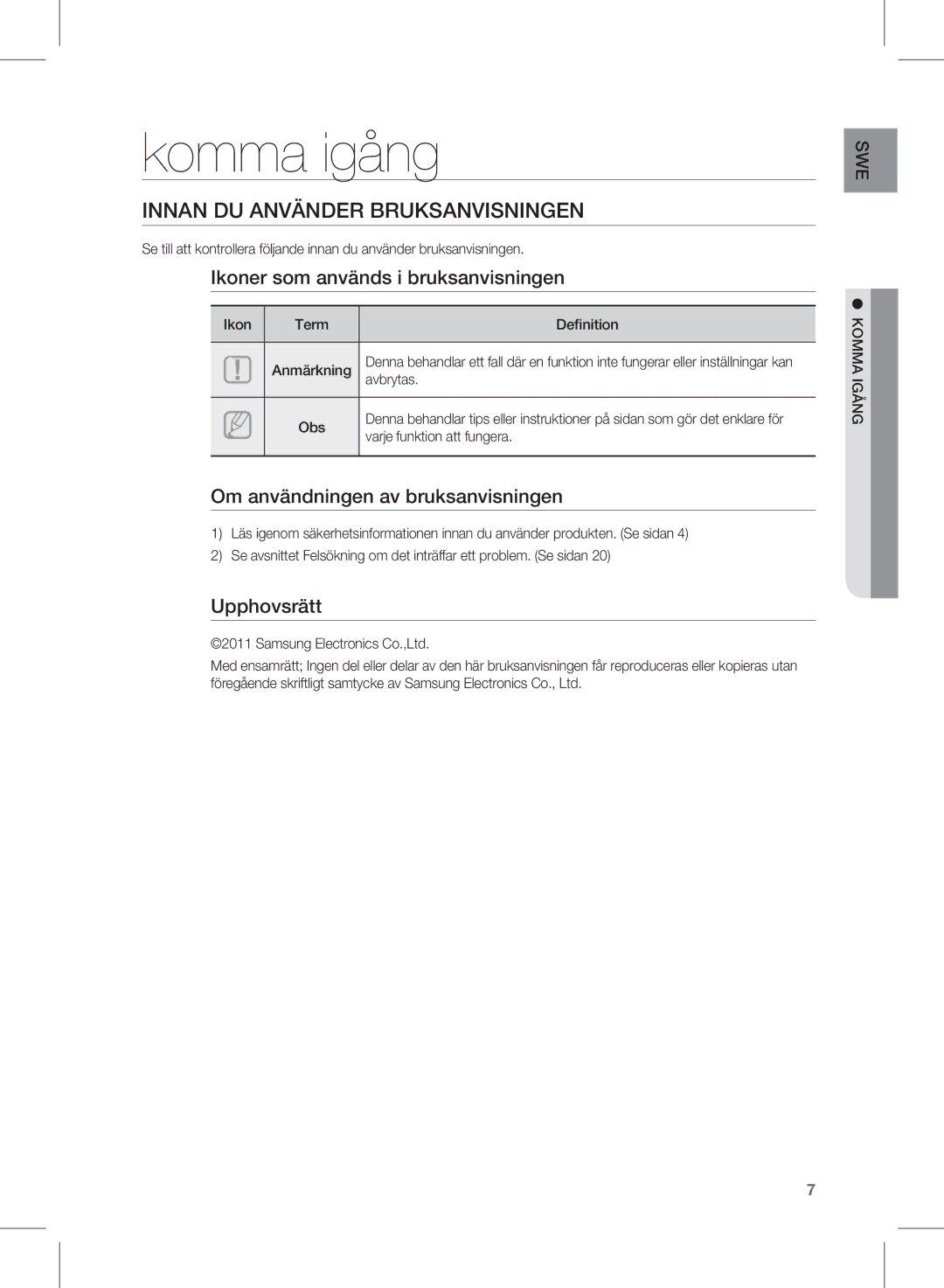 Samsung HW-D450/XE manual Komma igång, Innan DU Använder Bruksanvisningen 