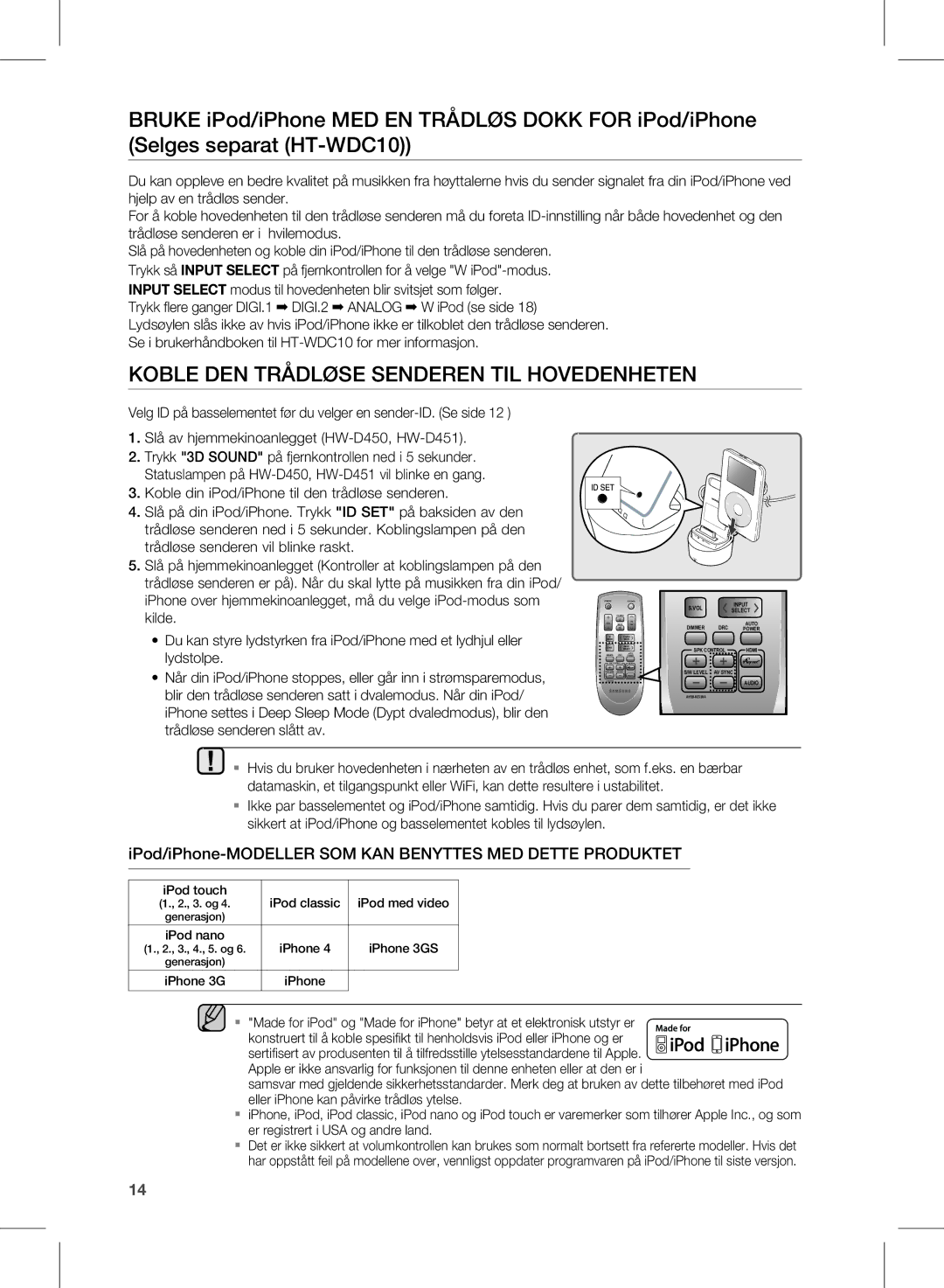 Samsung HW-D450/XE KoBle Den TrÅDlØSe SenDeren Til hoVeDenheTen, IPod/iPhone-MoDeller SoM kan BenYTTeS MeD DeTTe ProDUkTeT 