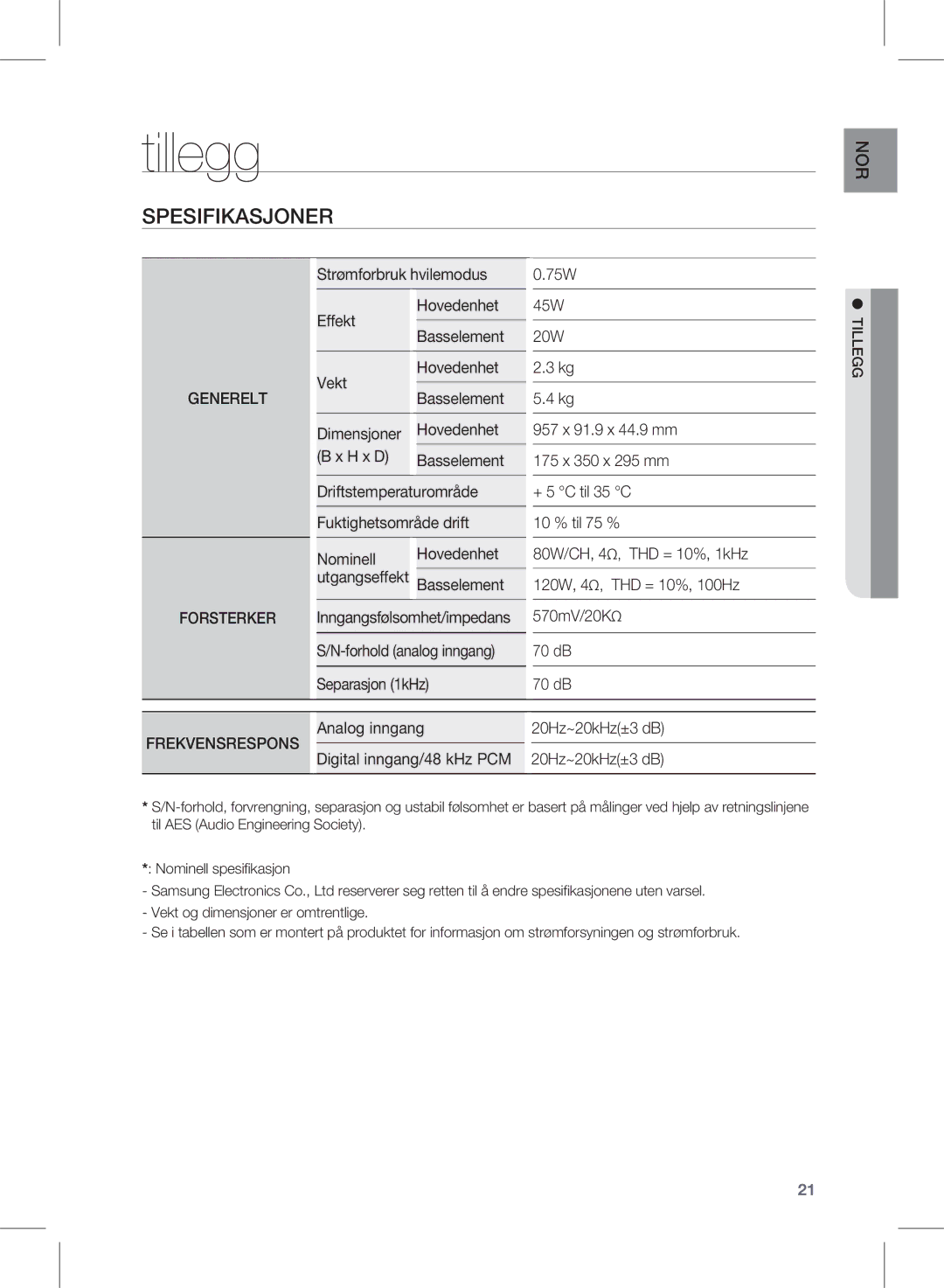 Samsung HW-D450/XE manual Tillegg, Spesifikasjoner 