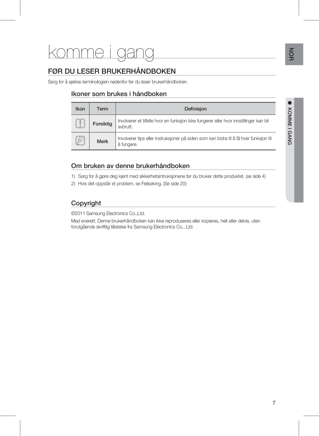 Samsung HW-D450/XE manual Komme i gang, FØR DU Leser Brukerhåndboken 