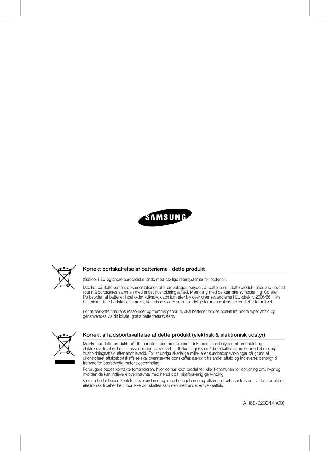 Samsung HW-D450/XE manual Korrekt bortskaffelse af batterierne i dette produkt 