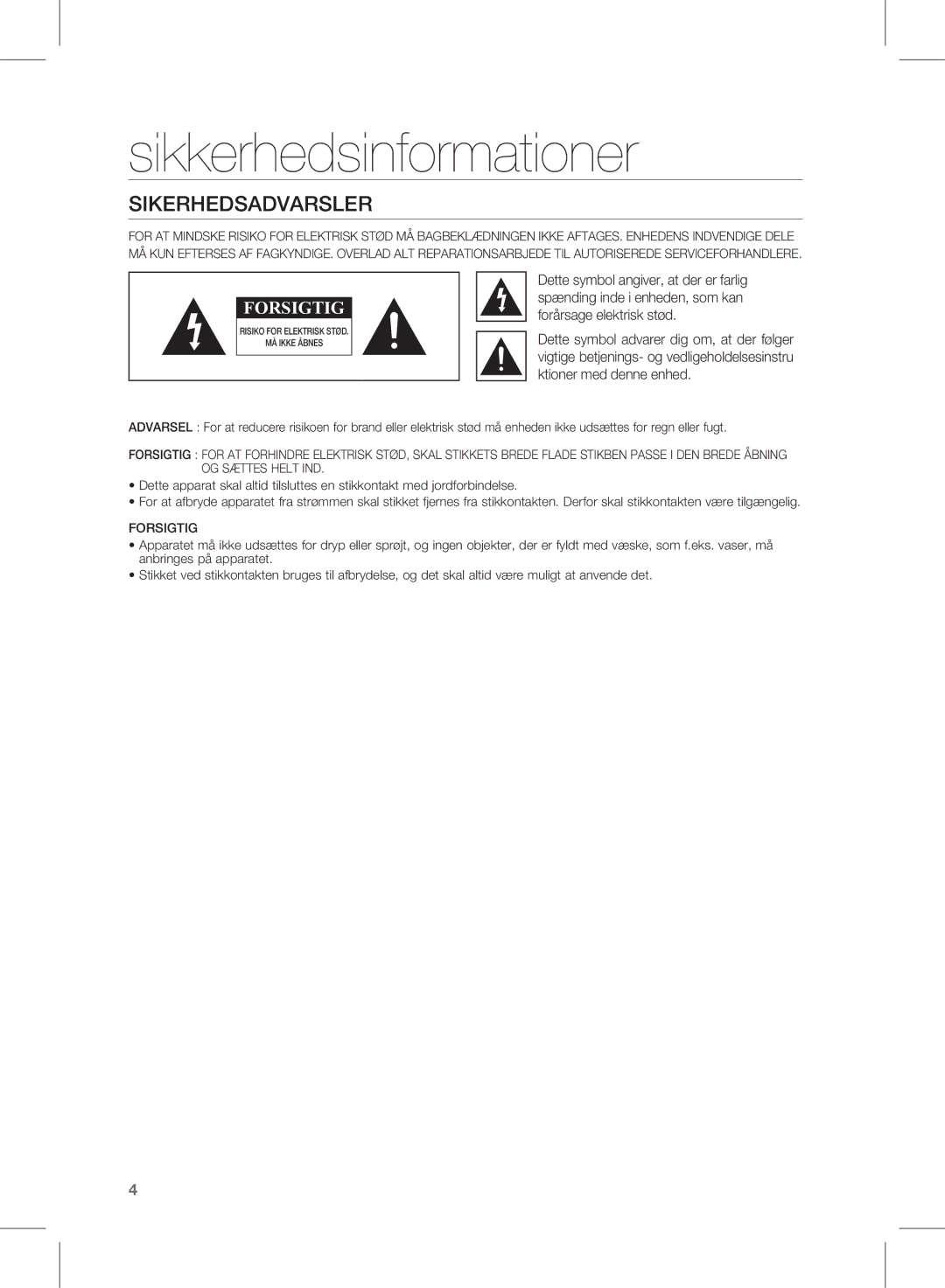 Samsung HW-D450/XE manual Sikkerhedsinformationer, Sikerhedsadvarsler 