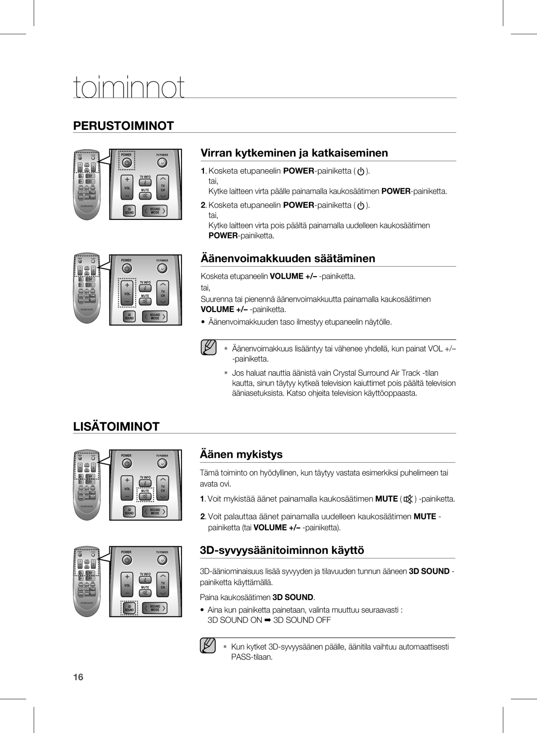 Samsung HW-D450/XE manual Toiminnot, 3D Sound on 3D Sound OFF 