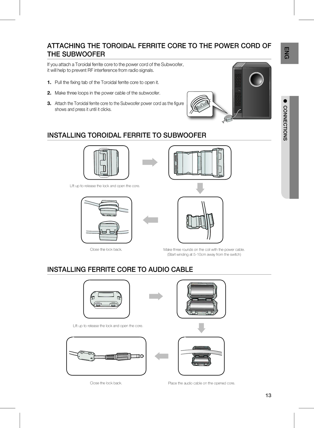 Samsung HW-D450/ZF, HW-D450/XN, HW-D450/ZA InStaLLinG toroidaL fErritE to SuBWoofEr, InStaLLinG fErritE corE to audio caBLE 