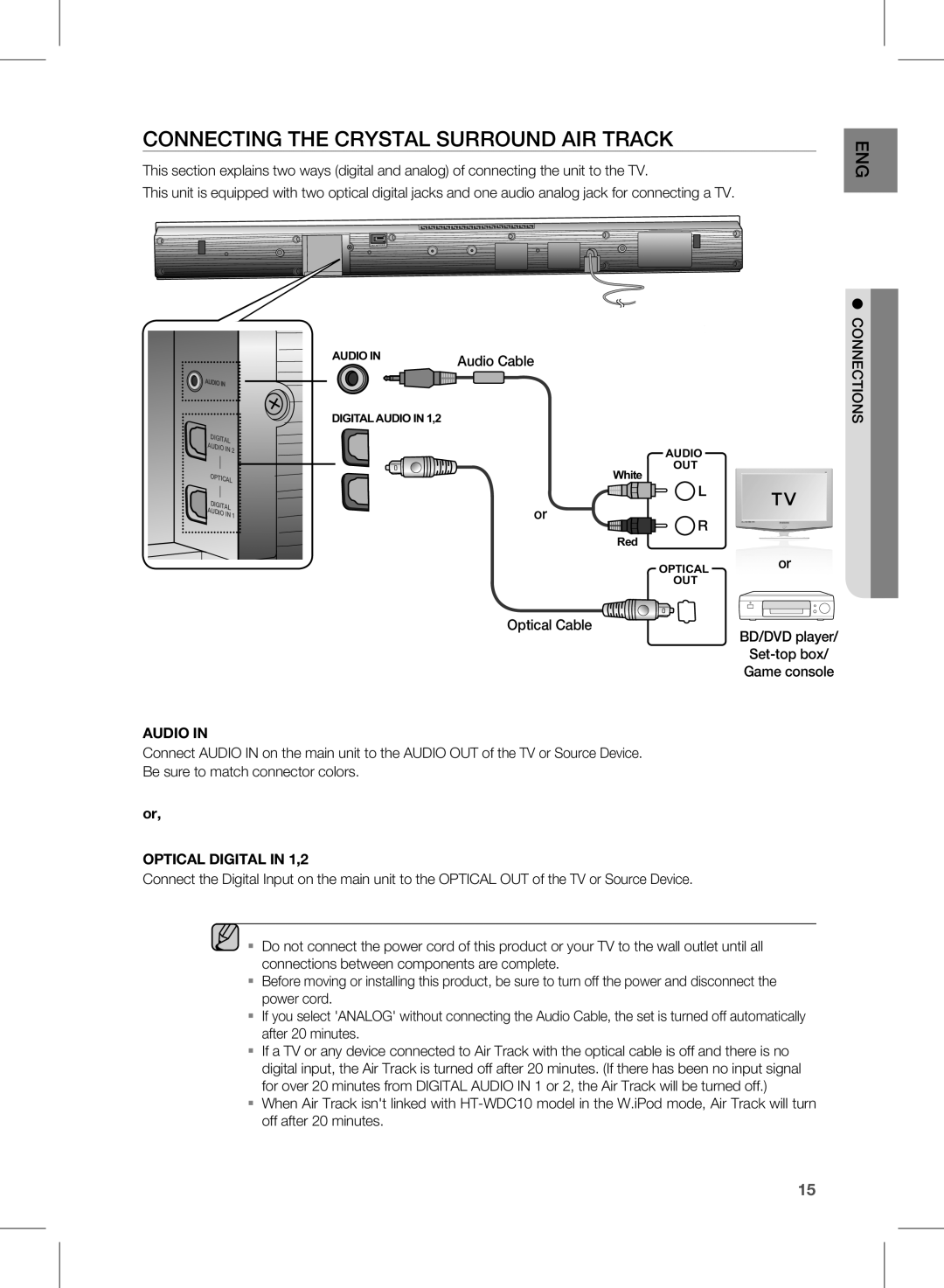 Samsung HW-D450/XN, HW-D450/ZA, HW-D450/EN, HW-D450/ZF, HW-D450/XE Connecting the Crystal Surround AIR Track, Audio Cable 