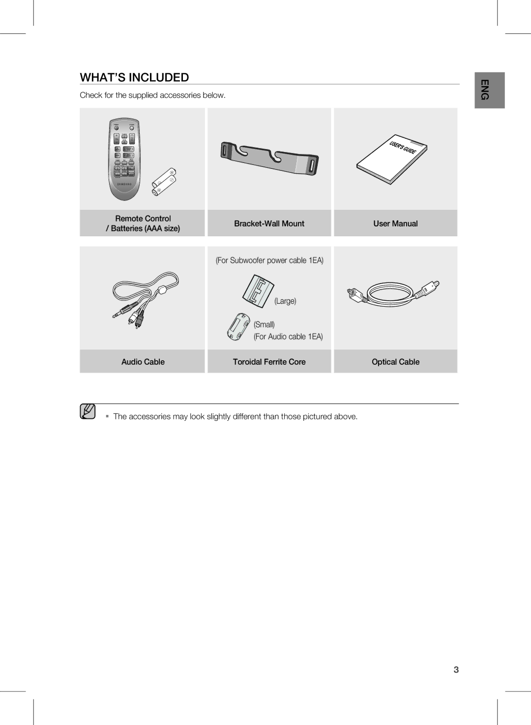 Samsung HW-D450/ZF, HW-D450/XN, HW-D450/ZA, HW-D450/EN, HW-D450/XE manual WHaT’S inCLUDeD, EnG 