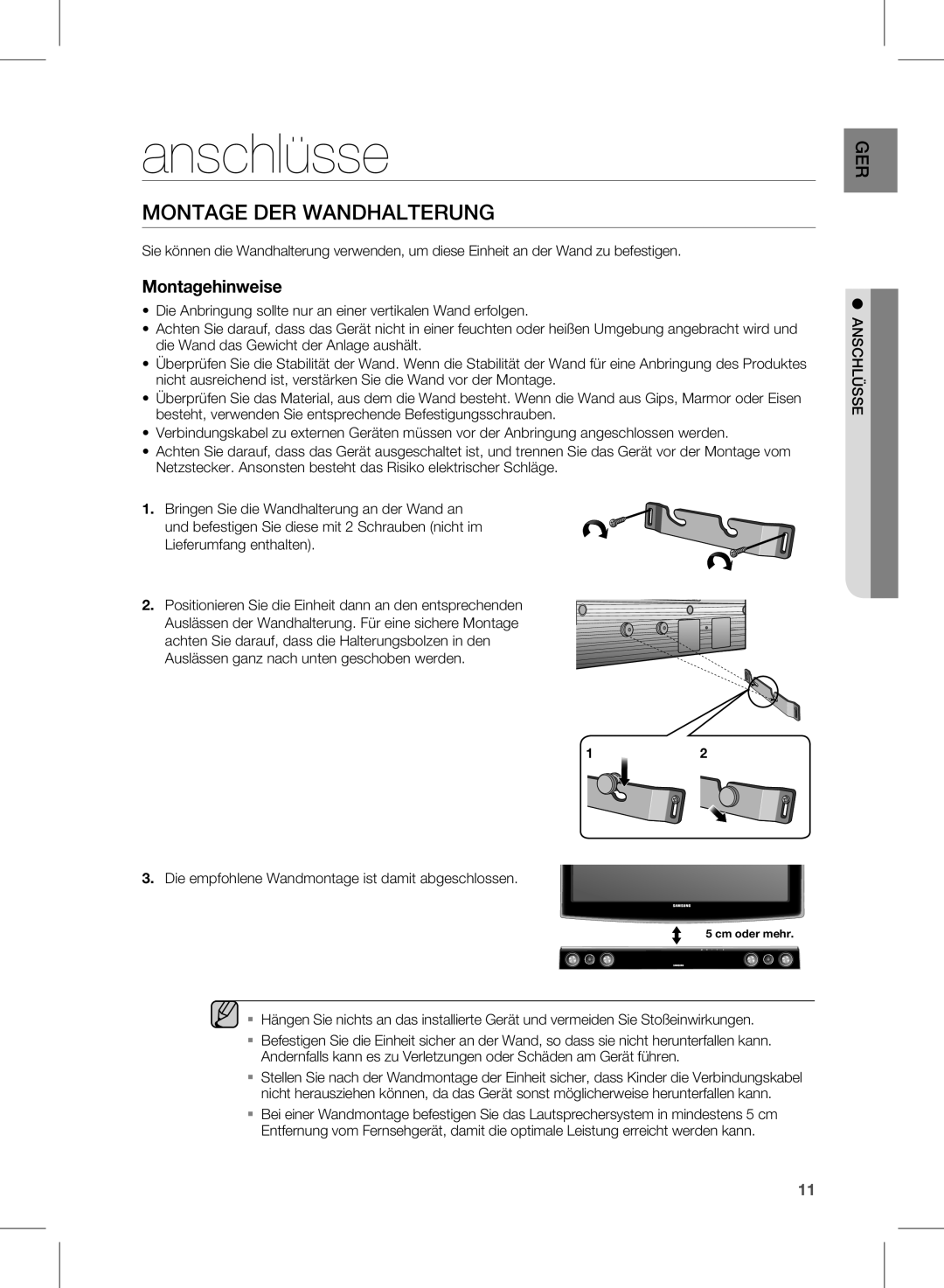 Samsung HW-D450/ZF, HW-D450/XN, HW-D450/ZA, HW-D450/EN manual Anschlüsse, Montage DER Wandhalterung 