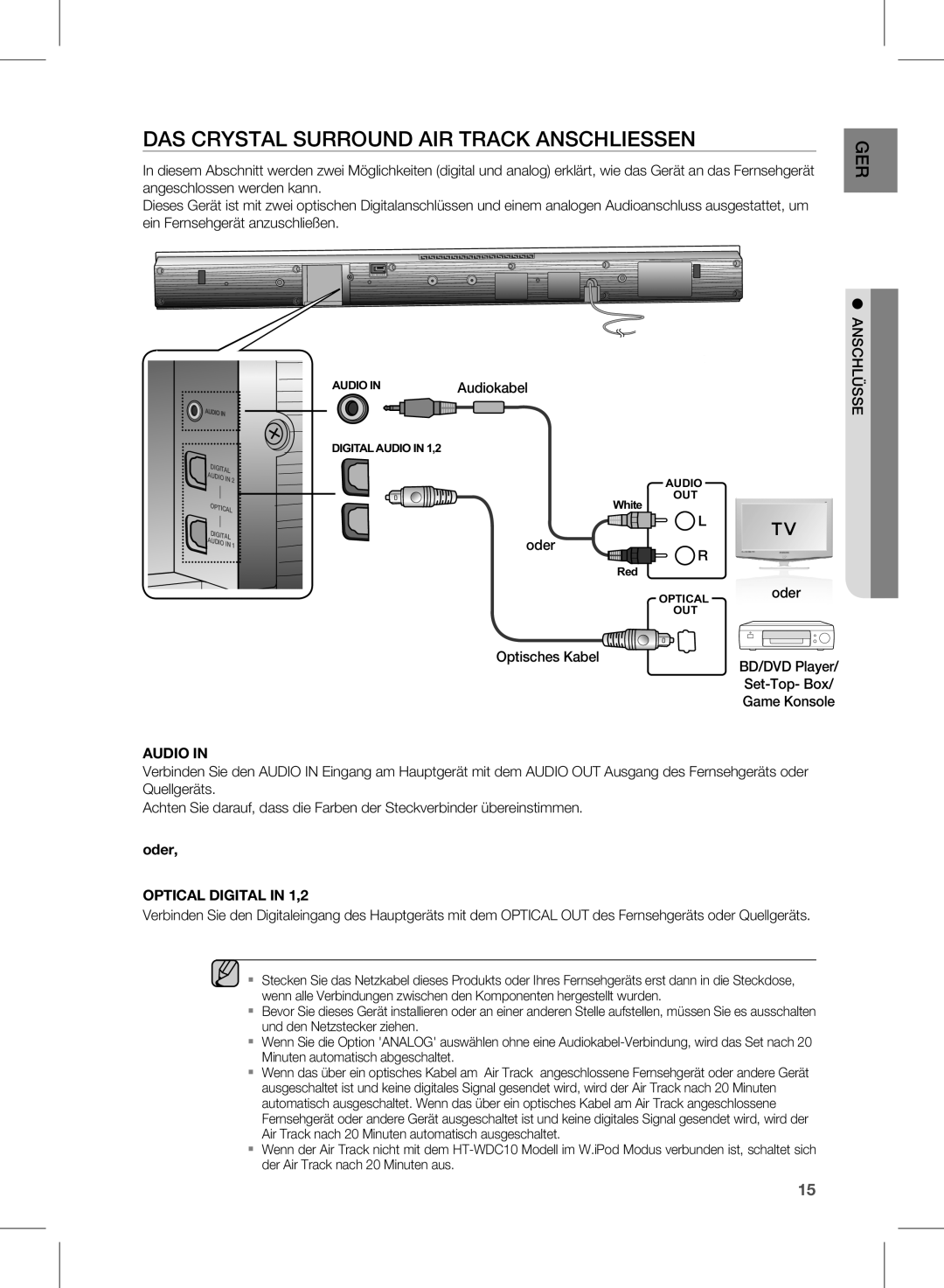 Samsung HW-D450/ZF, HW-D450/XN, HW-D450/ZA, HW-D450/EN manual DAS Crystal Surround AIR Track Anschliessen, Audio 