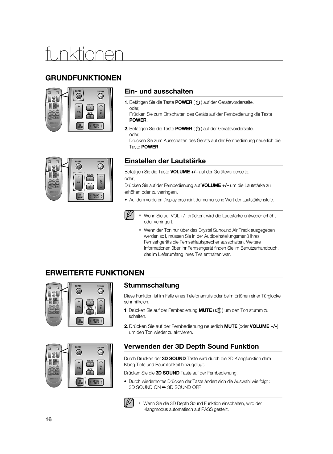 Samsung HW-D450/XN, HW-D450/ZA, HW-D450/EN, HW-D450/ZF manual Funktionen, 3D Sound on 3D Sound OFF 