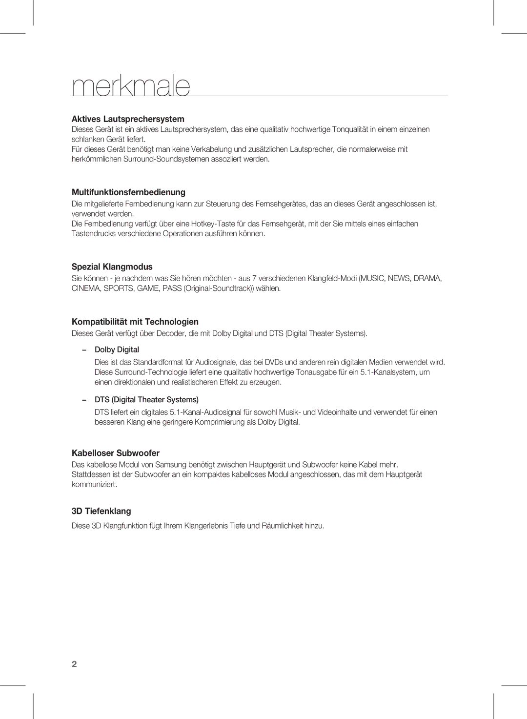 Samsung HW-D450/EN, HW-D450/XN, HW-D450/ZA, HW-D450/ZF manual Merkmale, Aktives Lautsprechersystem 