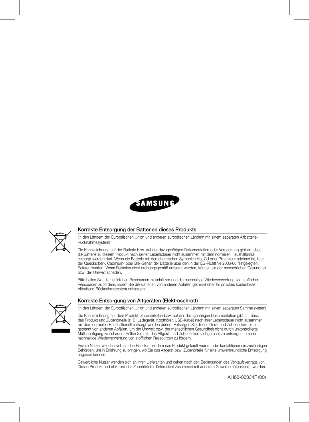 Samsung HW-D450/XN, HW-D450/ZA, HW-D450/EN, HW-D450/ZF manual Korrekte Entsorgung der Batterien dieses Produkts 