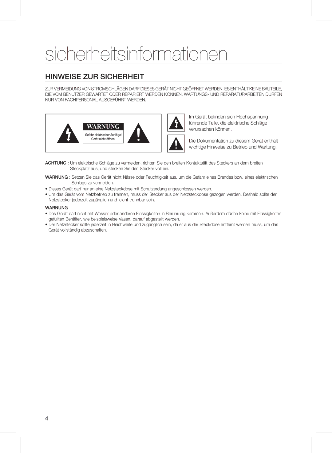 Samsung HW-D450/XN, HW-D450/ZA, HW-D450/EN, HW-D450/ZF manual Sicherheitsinformationen, Hinweise zur Sicherheit, Warnung 