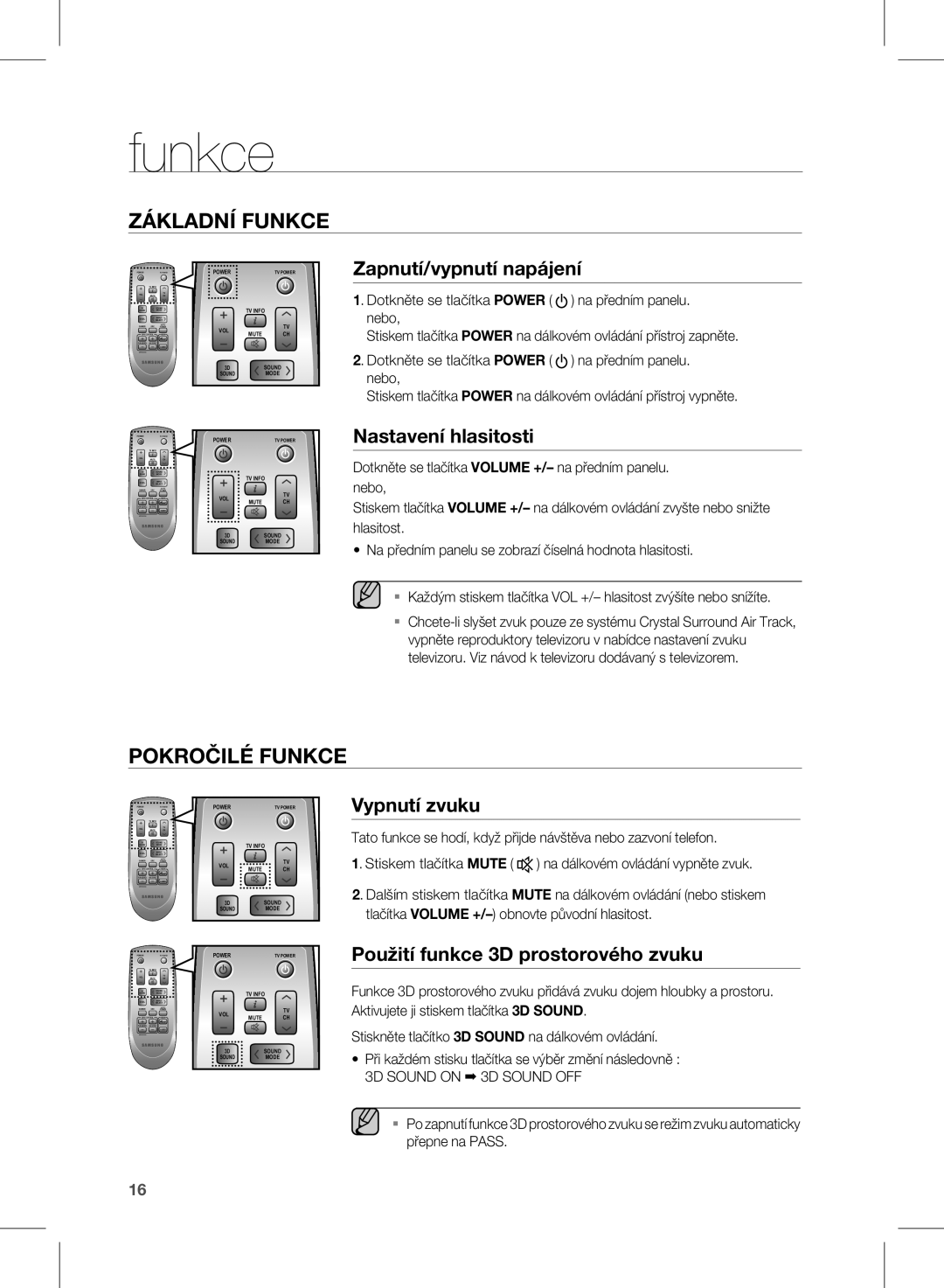 Samsung HW-D450/ZA, HW-D450/EN manual Funkce, 3D Sound on 3D Sound OFF 