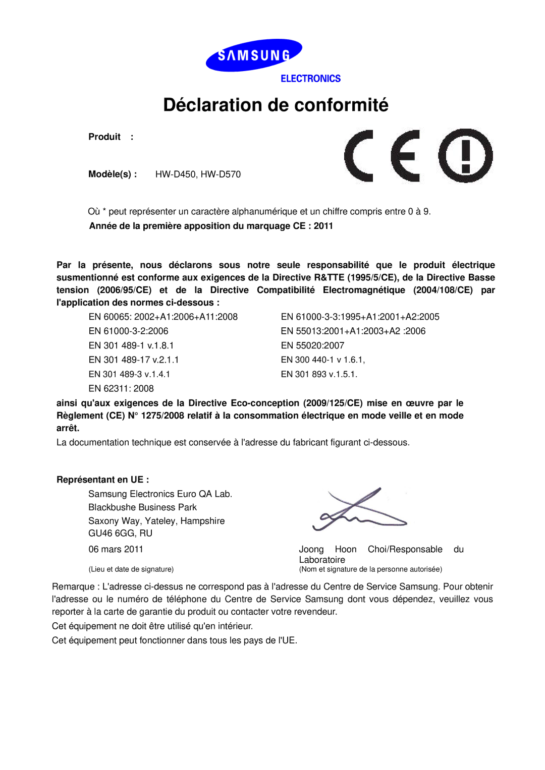 Samsung HW-D570/ZF, HW-D450/ZF manual Déclaration de conformité, Produit, Représentant en UE 