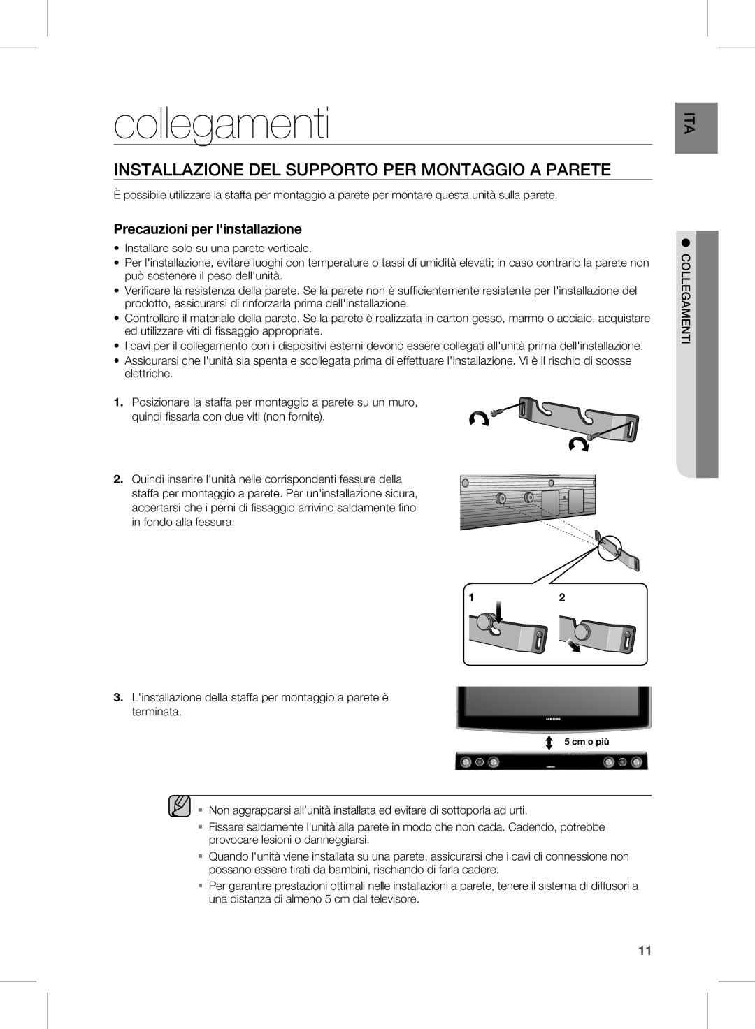 Samsung HW-D450/ZF manual Collegamenti, Installazione DEL Supporto PER Montaggio a Parete 