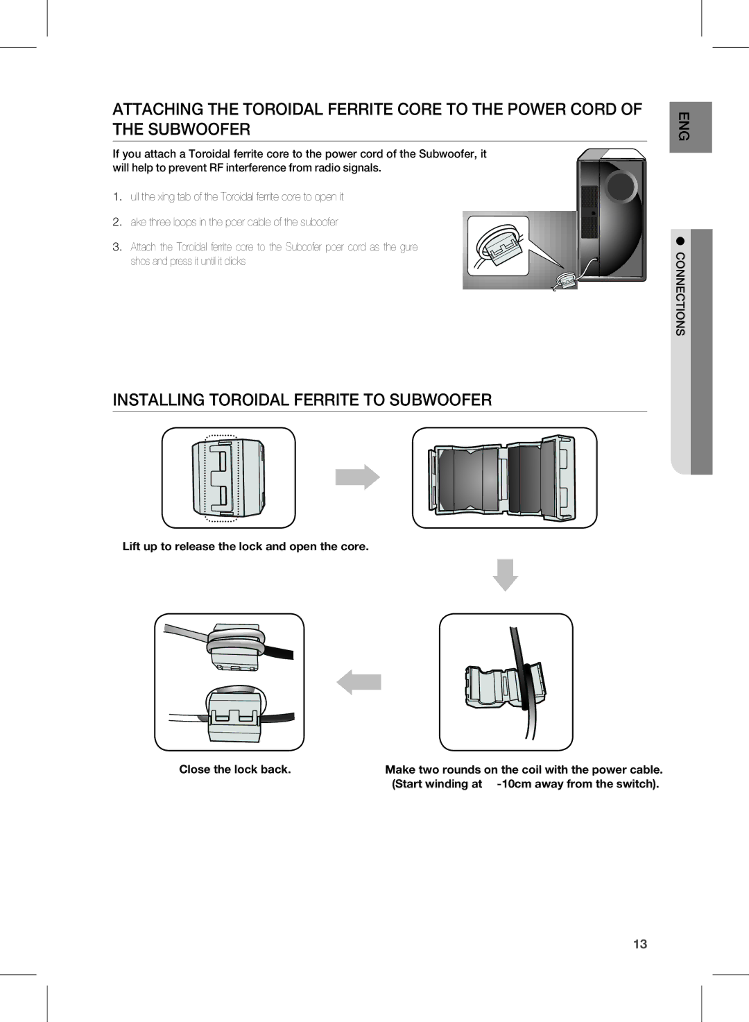 Samsung HW-D550, HW-D551 user manual InSTaLLInG TOROIDaL Ferrite to SubWOOFER, Lift up to release the lock and open the core 