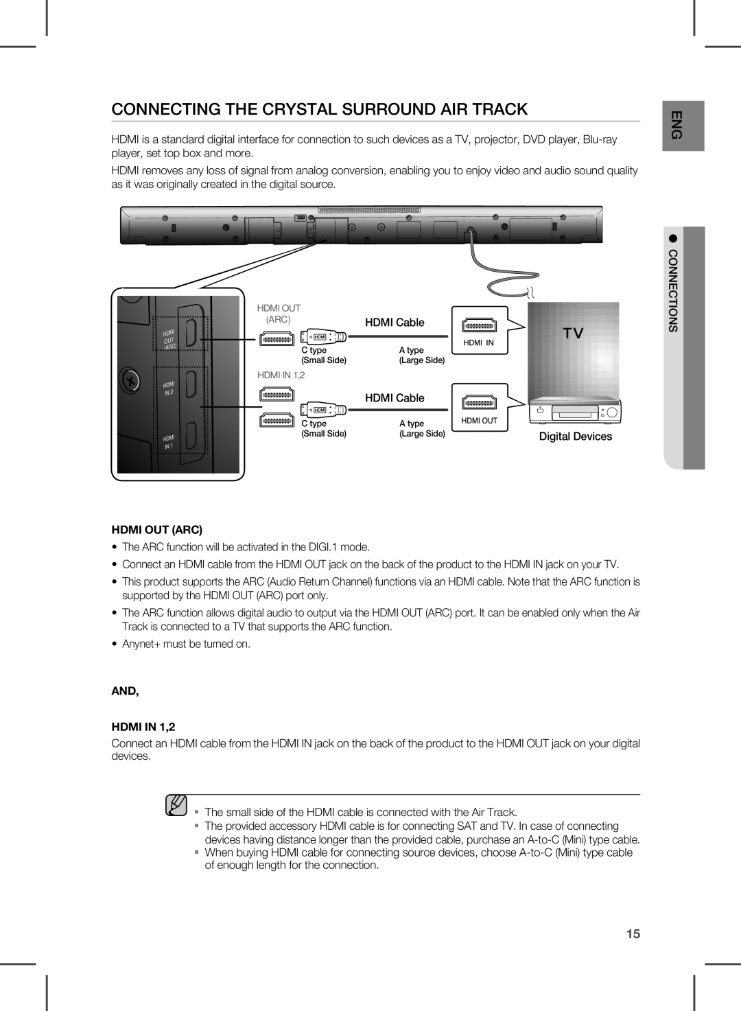 Samsung HW-D550, HW-D551 Connecting the Crystal Surround AIR Track, ARC function will be activated in the DIGI.1 mode 