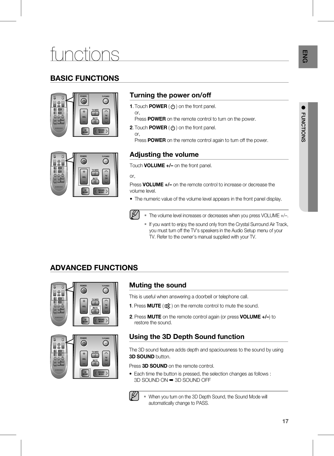 Samsung HW-D550, HW-D551 user manual Functions, Ctiofun, 3D Sound on 3D Sound OFF 