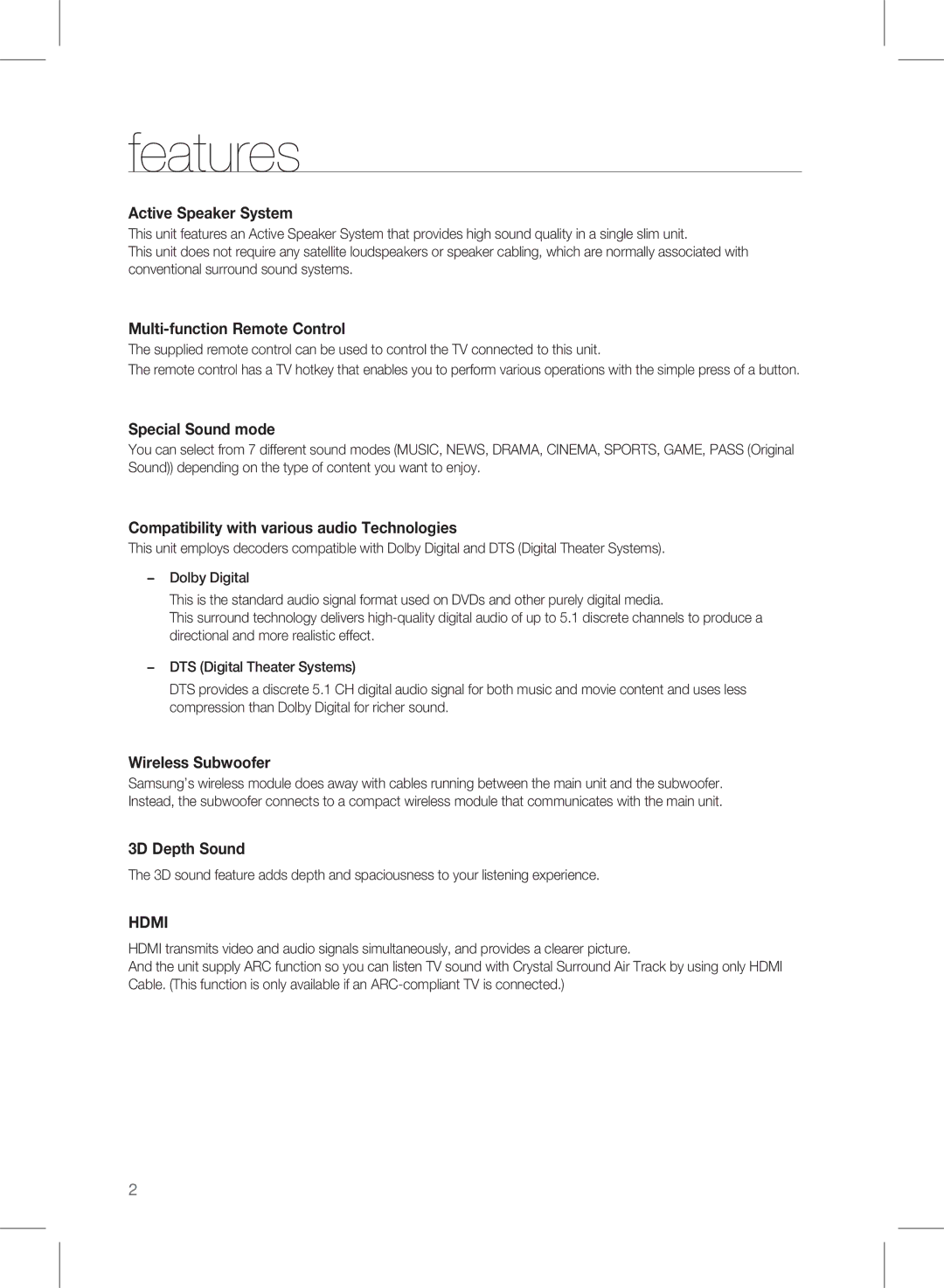 Samsung HW-D551, HW-D550 user manual Features, Active Speaker System 