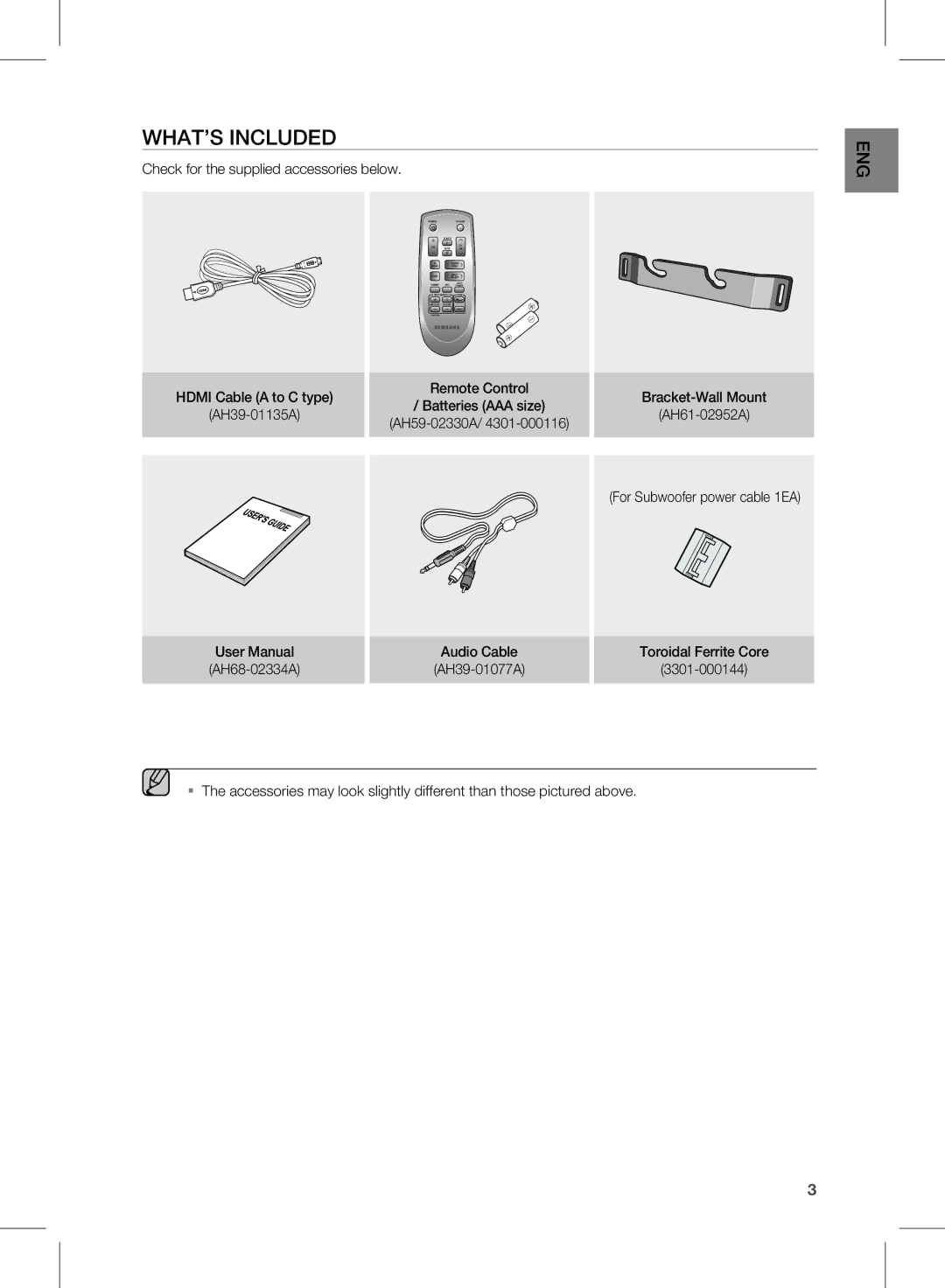 Samsung HW-D550 WHAT’s inclUDED, Check for the supplied accessories below, Hdmi Cable a to C type AH39-01135A, 3301-000144 